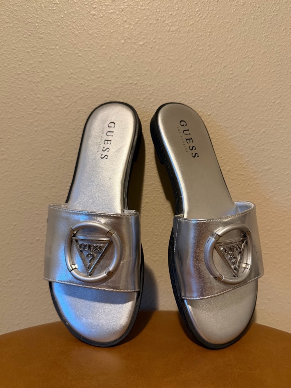 Guess Silver Slide Sandals with Decorative Emblem